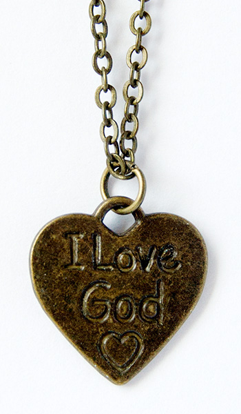 Кулон металлический на цепочке под бронзу - Сердце, надпись "I Love God" (КМБЦ-22)