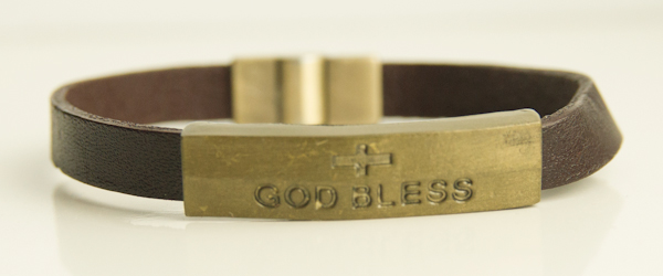 Браслет кожаный коричневый с металической пластиной под бронзу Крест-God Bless (БиС-1)