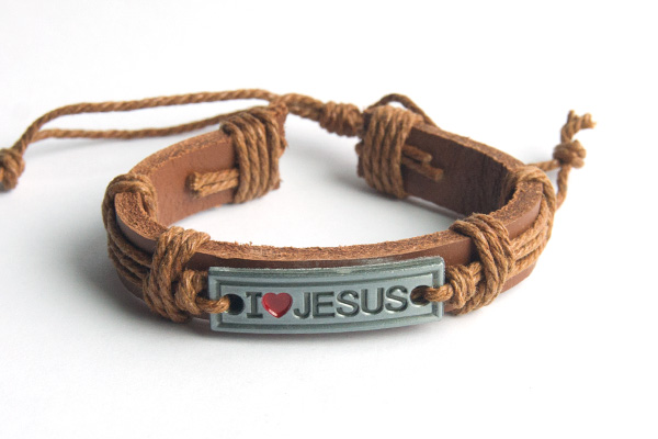 I love Jesus - кожаный браслет (светло-коричневый шнур)
