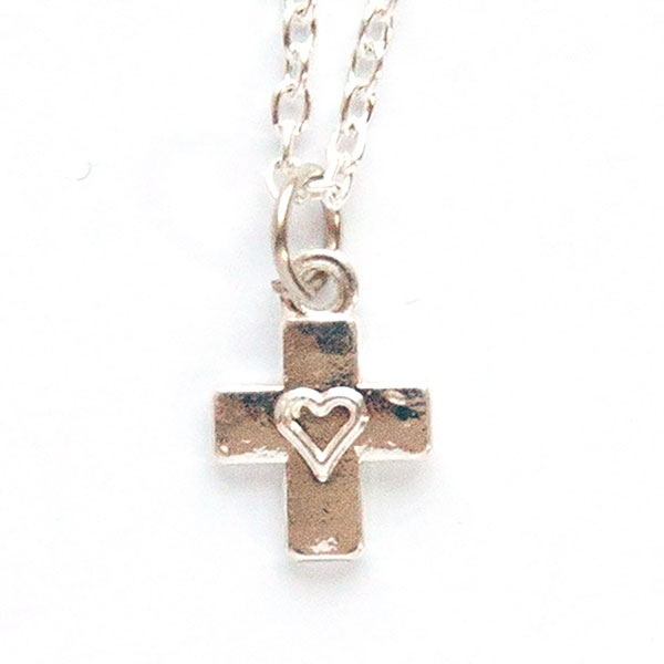 Кулон на цепочке - Крестик с сердечком маленький (под серебро)