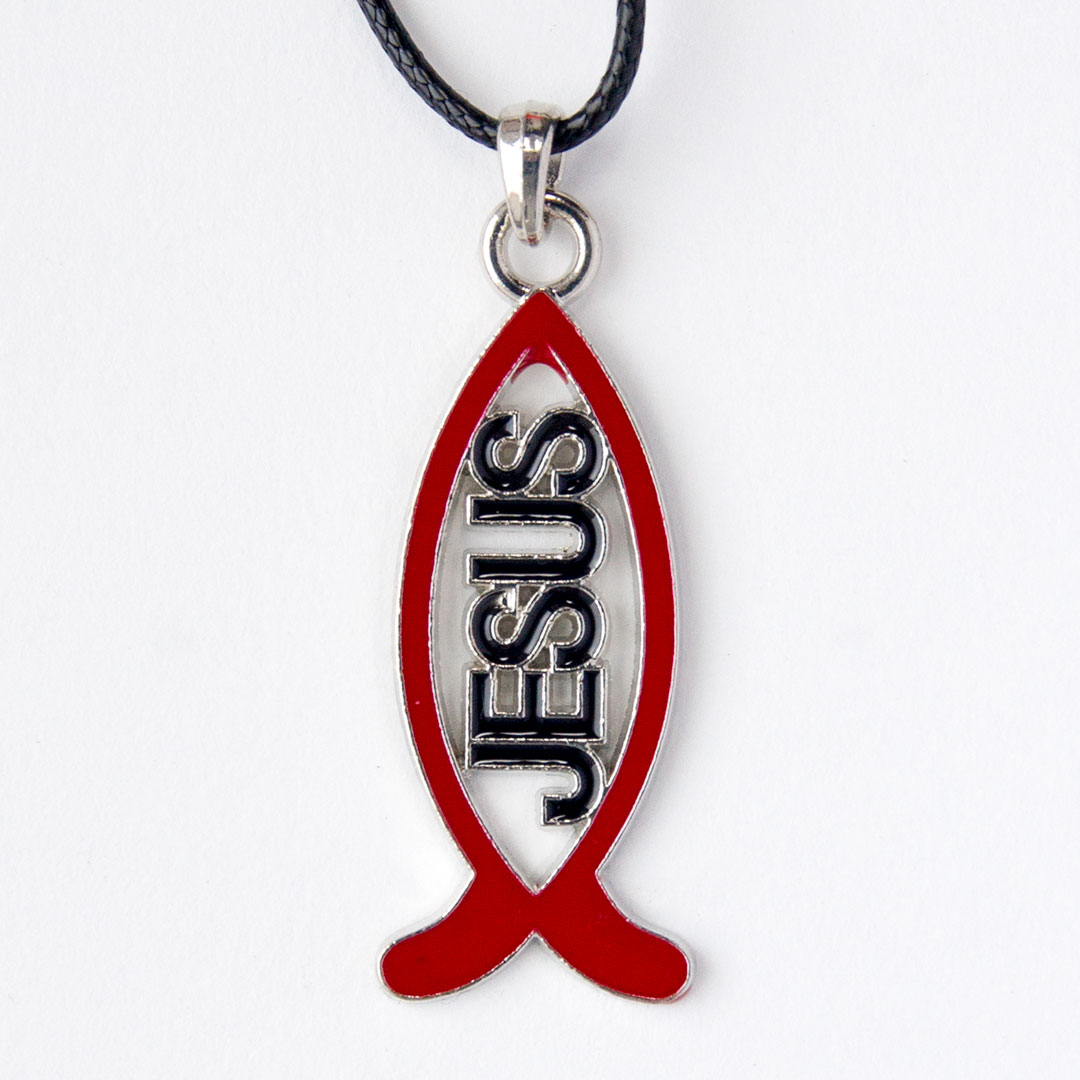 Кулон металлический на шнурке - Рыбка Jesus (красная рыбка, чёрная надпись)