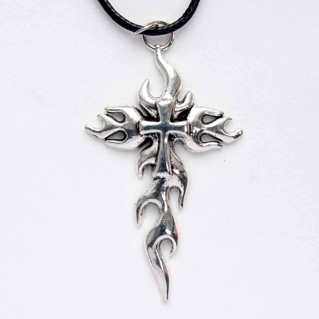 Кулон металлический на шнурке - Крест на кресте в виде пламени (под серебро)