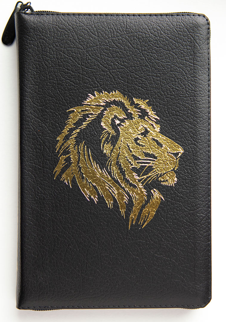 Библия (14,3х22 см, натуральная кожа, чёрный, дизайн "золотой лев", молния, золотой обрез, индексы, 2 закладки, слова Иисуса выделены жирным, крупный шрифт)