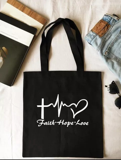 Холщовая сумка с внутренним карманом и кнопкой - «Faith Love Hope»