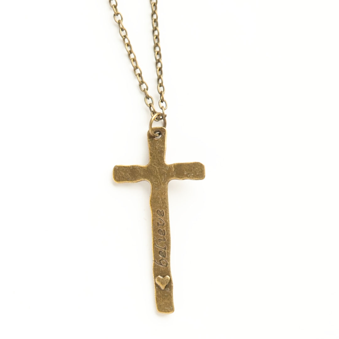 Кулон металлический на цепочке под бронзу Крест длинный - надпись Faith, Belive с сердечком