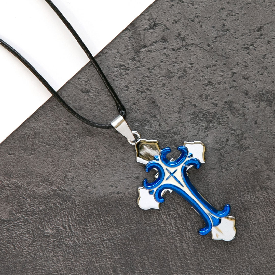 Кулон на шнурке - Крест на металлическом кресте - синий