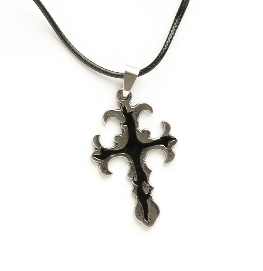 Кулон металлический на х/б шнурке Крест фигурный серебристо-черный