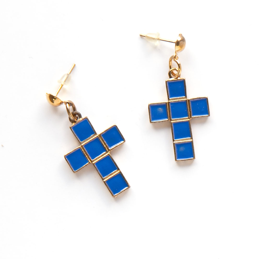 Серьги - Кресты в клеточку - синие с золотыми краями