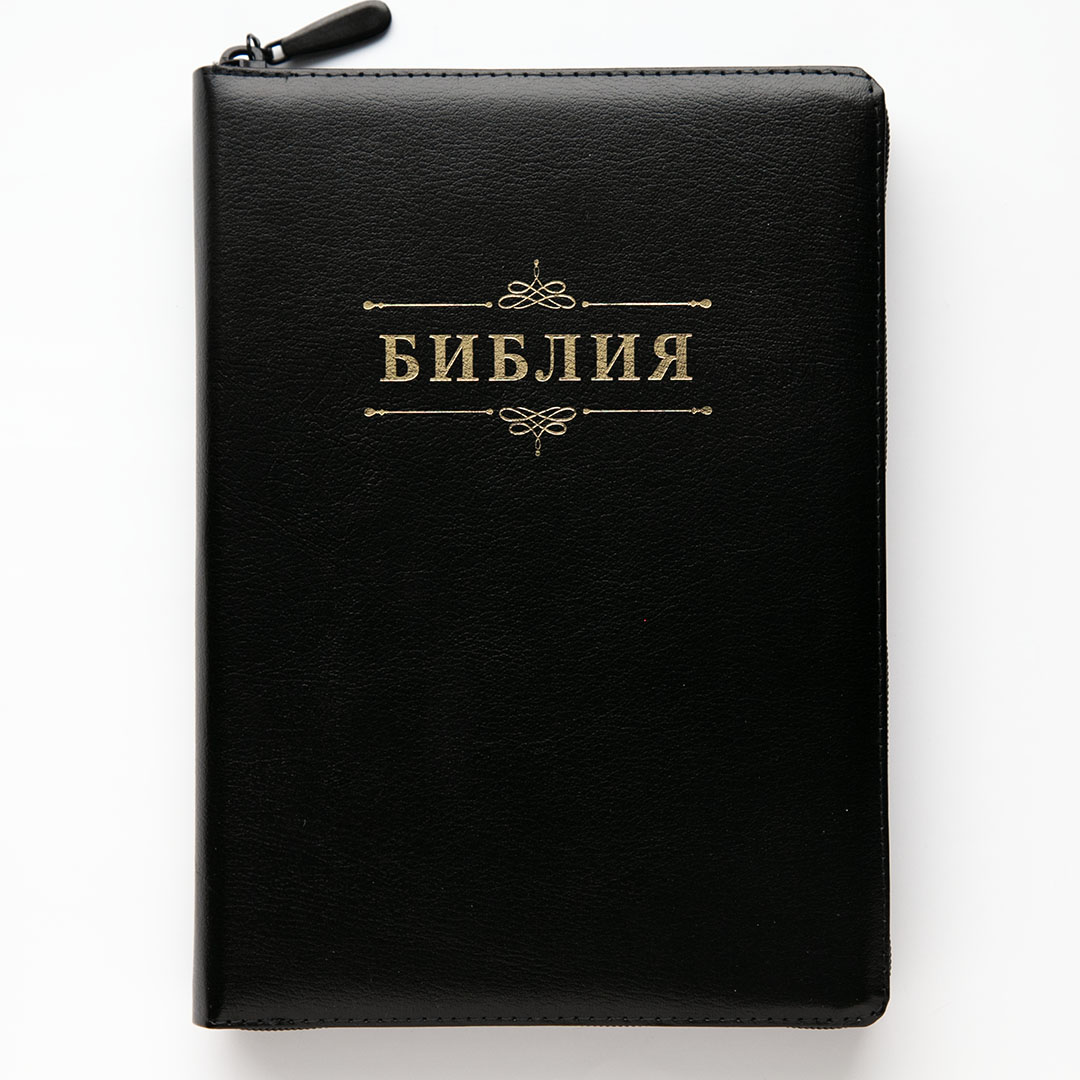 Библия (18x24,3см, натуральная кожа, черный металлик пятнистый, надпись "Библия" с вензелем, золотой обрез, 2 закладки, слова Иисуса выделены жирным, крупный шрифт)