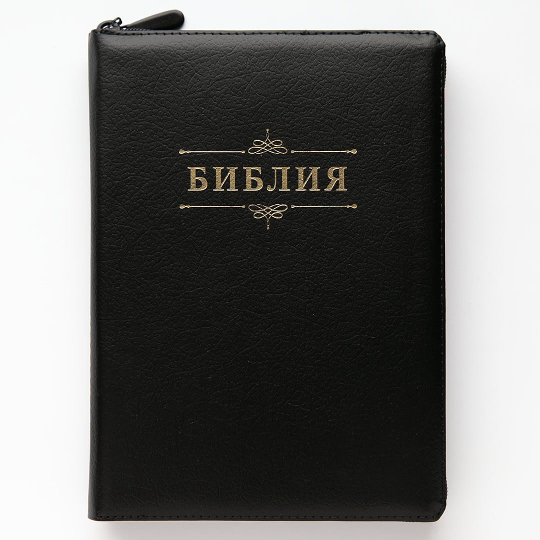 Библия (18x24,3см, натуральная кожа, цвет черный пятнистый, надпись "Библия" с вензелем, золотой обрез, 2 закладки, слова Иисуса выделены жирным, крупный шрифт)