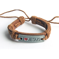 I love Jesus - кожаный браслет (светло-коричневый шнур)