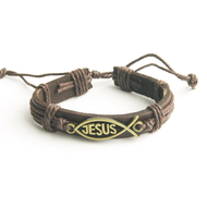 Рыбка Jesus вырубка - браслет кожа-металл под бронзу
