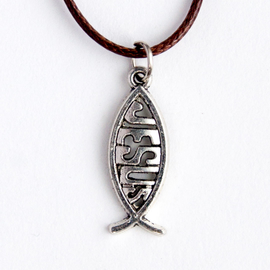 Кулон металлический на шнурке - Рыбка Jesus (вертикально, под серебро)