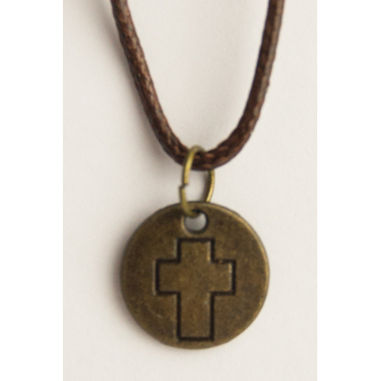 Кулон металлический под бронзу на х/б шнурке Крестик, насечка на круге (КМБШк-19)