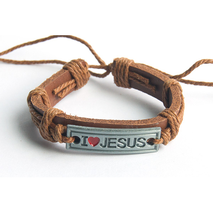 I love Jesus - кожаный браслет (светло-коричневый шнур)