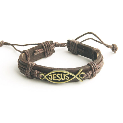 Рыбка Jesus вырубка - браслет кожа-металл под бронзу
