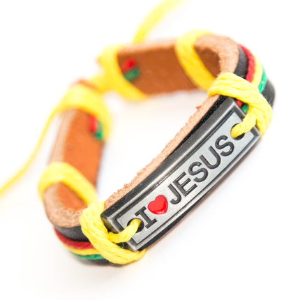 Кожаный браслет - I love Jesus (на пластине) цветной шнур