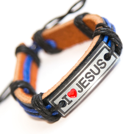 Кожаный браслет - I love Jesus (на пластине) цветной шнур