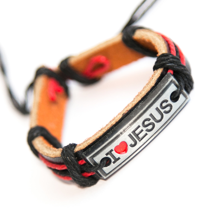 Кожаный браслет - I love Jesus (на пластине) цветной шнур