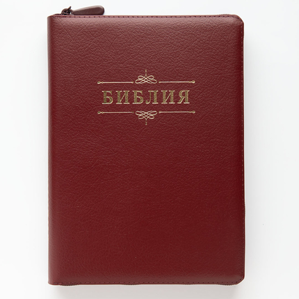 Библия (18х24 см, натуральная кожа, бордо пятнистый, надпись "Библия" с вензелем, молния, золотой обрез, индексы, 2 закладки, слова Иисуса выделены жирным, крупный шрифт)