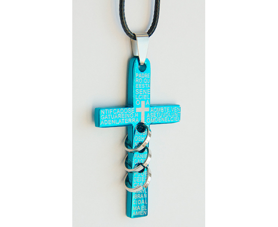 Кулон металлический на х/б шнурке Крест синий три кольца "Отче Наш" на латыни (КМШк-9)