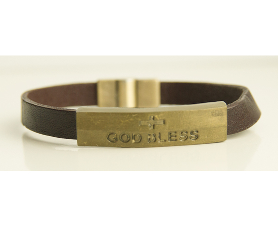 Браслет кожаный коричневый с металической пластиной под бронзу Крест-God Bless (БиС-1)
