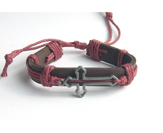 Крест фигурный полый - кожаный браслет (бордовый шнур)