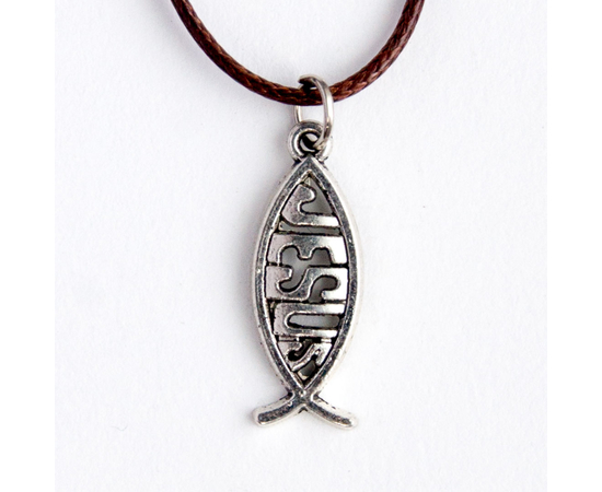 Кулон металлический на шнурке - Рыбка Jesus (вертикально, под серебро)