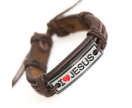 Кожаный браслет - I love Jesus (на пластине) цветной шнур