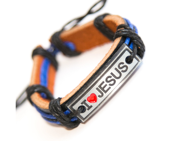 Кожаный браслет - I love Jesus (на пластине) цветной шнур
