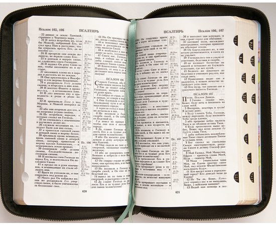 Библия каноническая (12х19см, тёмно-зелёная кожа, золотой обрез, индексы, молния, 2 закладки)
