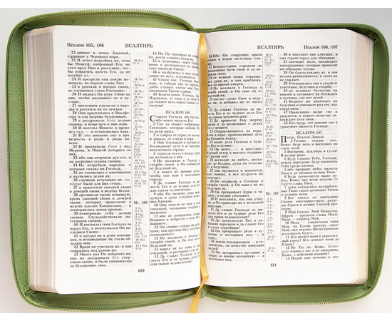 Библия (14,5х22см, зелёный термовинил, молния, серебряный обрез, закладка, крупный шрифт)
