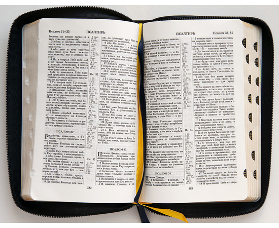 Библия каноническая (12х19см, тёмно-синяя кожа, золотое солнце, золотой обрез, индексы, молния, 2 закладки)