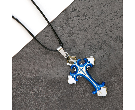Кулон на шнурке - Крест на металлическом кресте - синий