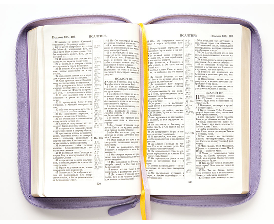 Библия (14,3х22см, искусств. кожа, светло-фиолетовый, термоштамп "Голубь", молния, золотой обрез, 2 закладки, слова Иисуса выделены жирным, средний шрифт)