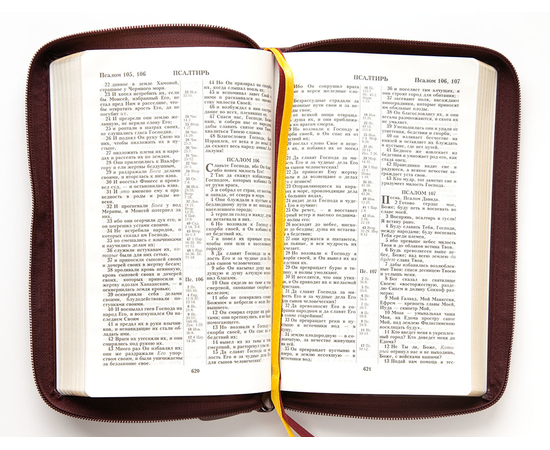 Библия (14,3х22см, искусств. кожа, тёмно-бордовый, надпись "Библия", молния, золотой обрез, 2 закладки, слова Иисуса выделены жирным, средний шрифт)