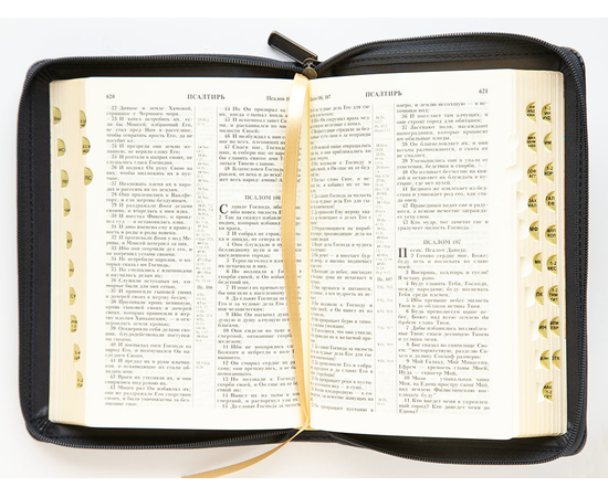 Библия (13х18см, искусств. кожа, темно-синий с коричневой вставкой, молния, золотой обрез, индексы, закладка)