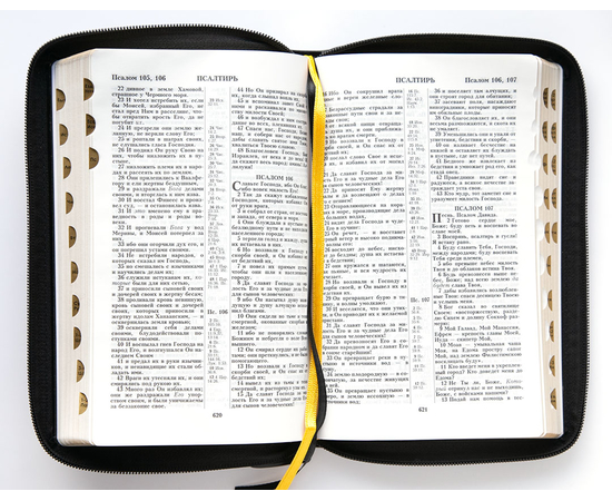 Библия (14,3х22см, натуральная кожа, чёрный, "Золотой лев", молния, золотой обрез, индексы, 2 закладки, слова Иисуса выделены жирным, средний шрифт)