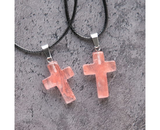 Кулон на шнурке - Крест из камня (розовый кварц)